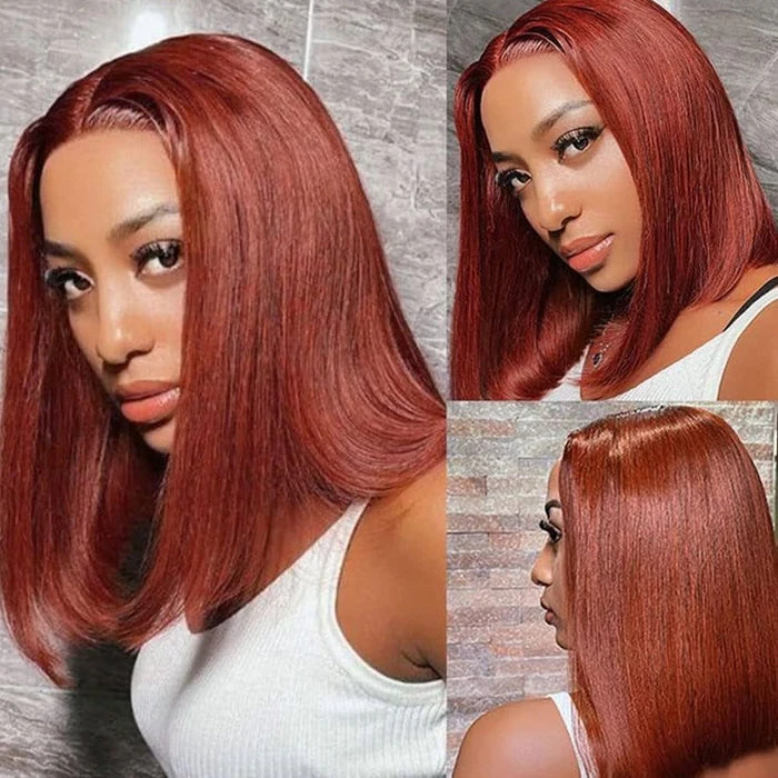 #33 Reddish Brown Color Straight Short Bob Red Brown Wig 13x4 Bob Lace Frontal Wigs 220% Density 3 #33 Reddish Brown Color Straight Short Bob Red Brown Wig 13x4 Bob Lace Frontal Wigs 220% Density