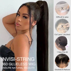 Glueless 360 Full Lace Frontal Straight Wigs With Invisi-String Affordable Snug Fit Human Hair Wigs Lace Parting Anywhere -Ethereal Hair Shop 700 360 straight invisi string 32