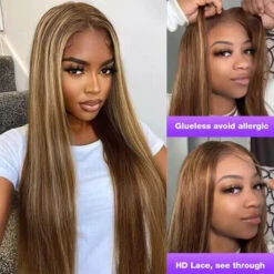 Ready & Go Blonde Highlight Straight Wig Upgrade 8*5 Pre Cut Lace Closure Wigs For Sale #P4/27 Color -Ethereal Hair Shop 700 4 27 blonde highlight 8 5 pre cut lace wig 2