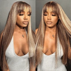 4/27 Honey Blond Highlight Straight Human Hair Wig With Bangs Virgin Human Hair Lace Front Wigs -Ethereal Hair Shop 700 4 27 highlight bangs wigs 1 1