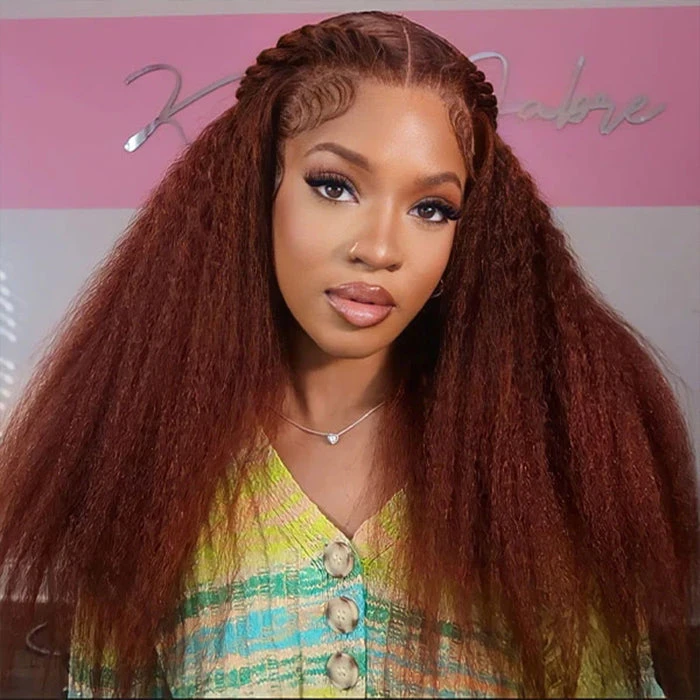 #33 Red Brown Auburn Colored Kinky Straight 13x6 HD Transparent Lace Frontal Wigs 3 #33 Red Brown Auburn Colored Kinky Straight 13x6 HD Transparent Lace Frontal Wigs
