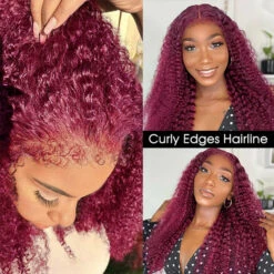 220% Density 4C Curly Edges Colored Wig 13x6 Full Lace Human Hair Glueless Wig With Curly Baby Hair -Ethereal Hair Shop 700 99J Burgundy curly edges lace wig 4