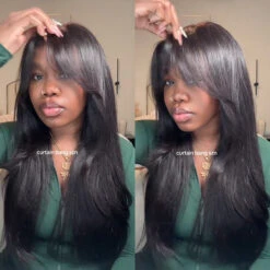 Layered Straight Curtain Bang Wig Ready Go Glueless 13x4 Lace Wig With Pre Bleached& Pre Cut 20 Layered Straight Curtain Bang Wig Ready Go Glueless 13x4 Lace Wig With Pre Bleached& Pre Cut -Ethereal Hair Shop 700 Curtain Bangs wigs 1 11