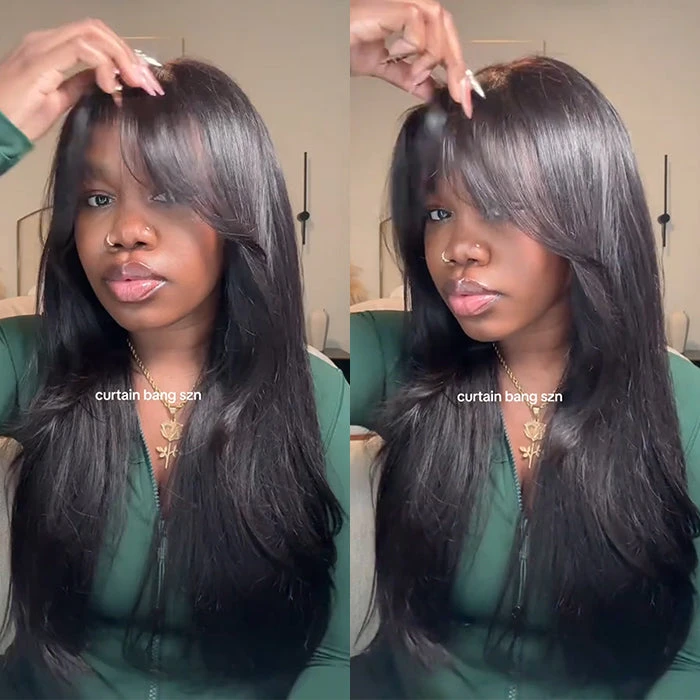 Layered Straight Curtain Bang Wig Ready Go Glueless 13x4 Lace Wig With Pre Bleached& Pre Cut 10 Layered Straight Curtain Bang Wig Ready Go Glueless 13x4 Lace Wig With Pre Bleached& Pre Cut - Image 8