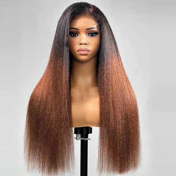Kinky Edges Ombre Auburn Color Kinky Straight Wig Glueless HD Lace Human Hair Wig For Black Women 3 Kinky Edges Ombre Auburn Color Kinky Straight Wig Glueless HD Lace Human Hair Wig For Black Women