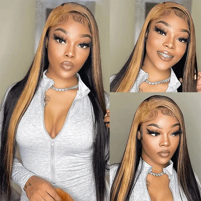 Skunk Stripe Wig With Honey Blonde Highlights Body Wave 13*4 Human Hair Lace Frontal Wig 6 Skunk Stripe Wig With Honey Blonde Highlights Body Wave 13*4 Human Hair Lace Frontal Wig - Image 4