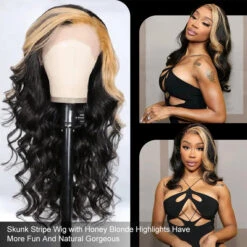 Skunk Stripe Wig With Honey Blonde Highlights Body Wave 13*4 Human Hair Lace Frontal Wig 20 Skunk Stripe Wig With Honey Blonde Highlights Body Wave 13*4 Human Hair Lace Frontal Wig -Ethereal Hair Shop 700 Skunk Stripe Wigs 4
