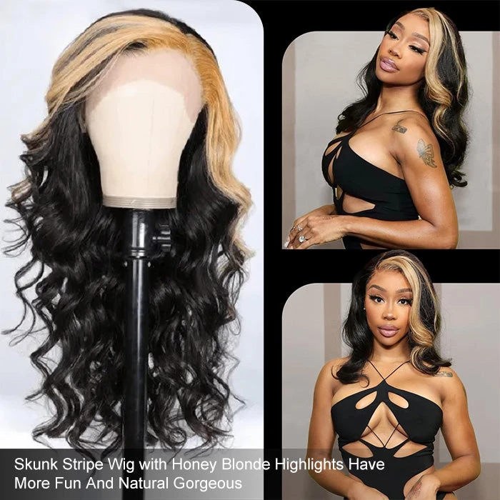 Skunk Stripe Wig With Honey Blonde Highlights Body Wave 13*4 Human Hair Lace Frontal Wig 10 Skunk Stripe Wig With Honey Blonde Highlights Body Wave 13*4 Human Hair Lace Frontal Wig - Image 8