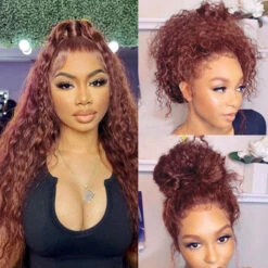 #33 Reddish Brown Water Wave Invisi-Pull String Snug Fit 360 HD Lace Frontal Pre-Cut & Pre-Plucked Glueless Wig -Ethereal Hair Shop 700 33 360 invisi string pre cut lace wig 16