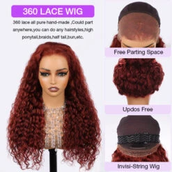 #33 Reddish Brown Water Wave Invisi-Pull String Snug Fit 360 HD Lace Frontal Pre-Cut & Pre-Plucked Glueless Wig -Ethereal Hair Shop 700 33 360 invisi string pre cut lace wig 38