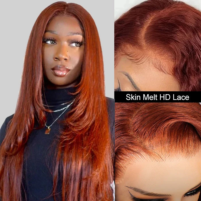 #33 Reddish Brown Layered Cut Straight Wigs 13x4/5x5 HD Lace Frontal Human Hair Wigs 7 #33 Reddish Brown Layered Cut Straight Wigs 13x4/5x5 HD Lace Frontal Human Hair Wigs - Image 5