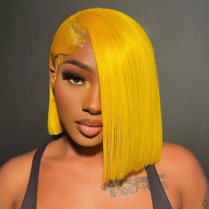 Yellow Straight Human Hair Bob Wigs 13x4 Brazilian Remy Colored Short Bob Wigs Glueless Human Hair Wigs 6 Yellow Straight Human Hair Bob Wigs 13x4 Brazilian Remy Colored Short Bob Wigs Glueless Human Hair Wigs - Image 4