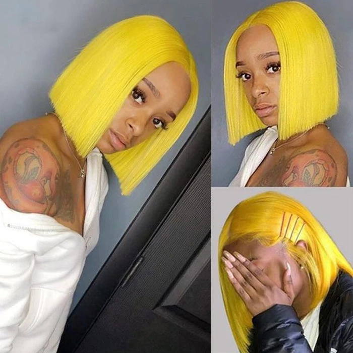 Yellow Straight Human Hair Bob Wigs 13x4 Brazilian Remy Colored Short Bob Wigs Glueless Human Hair Wigs 4 Yellow Straight Human Hair Bob Wigs 13x4 Brazilian Remy Colored Short Bob Wigs Glueless Human Hair Wigs - Image 2