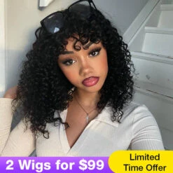 Curly Short Bob Wig With Bangs None Lace Full Machinemade Human Hair Wigs Glueless Beginner Friendly