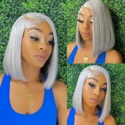 Grey 13x4 Lace Front Human Hair Wigs Straight Colored Sliver Bob Lace Wigs For Black Women Pre Plucked 220% Density -Ethereal Hair Shop 700 grey bob wig 10