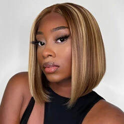 P4/27 Highlight Short Straight Bob 4x4 Lace Closure Wig 100% Human Virgin Hair 220% Density
