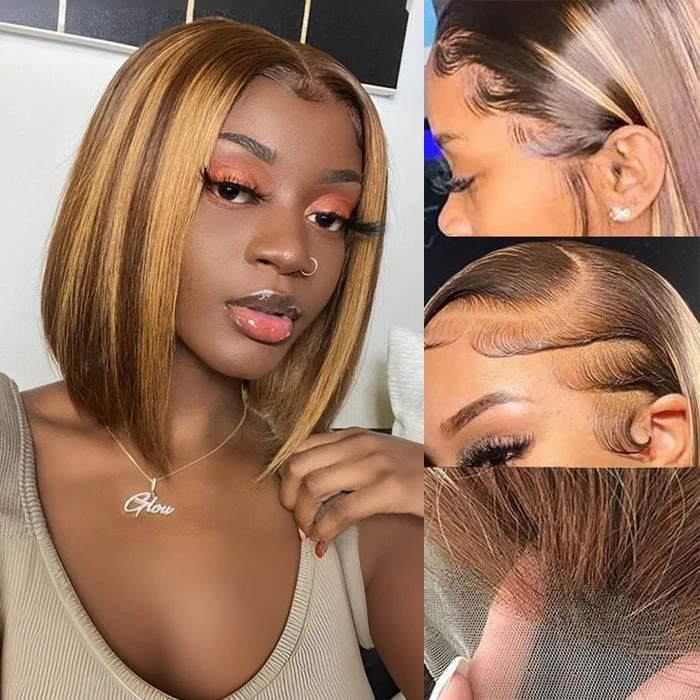 P4/27 Highlight Short Bob Wigs 13x4/13x6 Lace Front Human Hair Wigs With Baby Hair Pre Plucked With Natural Hairline 4 P4/27 Highlight Short Bob Wigs 13x4/13x6 Lace Front Human Hair Wigs With Baby Hair Pre Plucked With Natural Hairline - Image 2