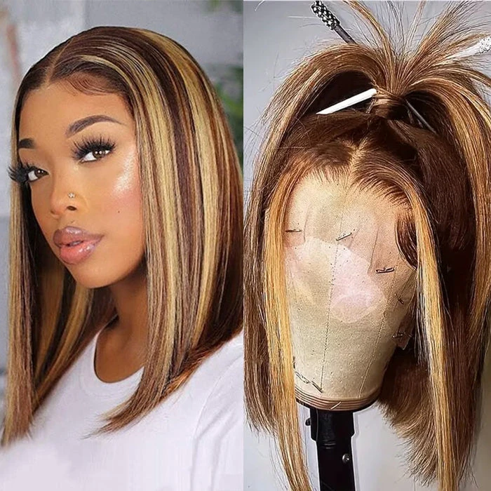 P4/27 Highlight Short Bob Wigs 13x4/13x6 Lace Front Human Hair Wigs With Baby Hair Pre Plucked With Natural Hairline 5 P4/27 Highlight Short Bob Wigs 13x4/13x6 Lace Front Human Hair Wigs With Baby Hair Pre Plucked With Natural Hairline - Image 3