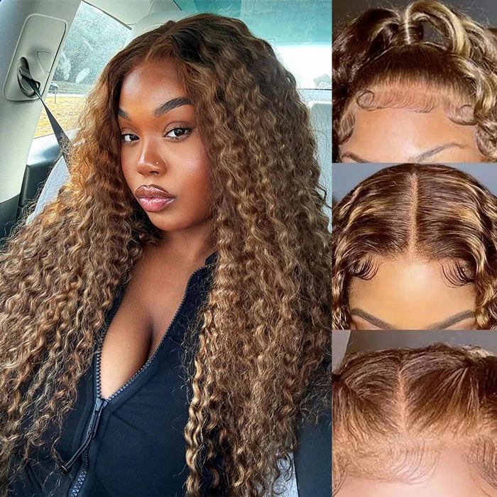 Highlighted Deep Wave Wig #4/27 Ombre Colored Wig Brown Wig With Blonde Highlighted Lace Front Human Hair Wigs 3 Highlighted Deep Wave Wig #4/27 Ombre Colored Wig Brown Wig With Blonde Highlighted Lace Front Human Hair Wigs
