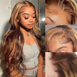 4/27 Honey Blonde Highlight 5x5 HD Transparent Lace Closure Human Hair Wigs -Ethereal Hair Shop 700 highlight straight lace wig 8