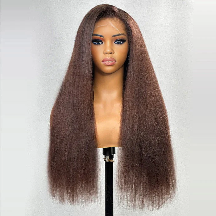 #4 Chocolate Brown 4C Edges Hairline Kinky Straight Wig Glueless Human Hair Wigs Super Realistic Natural 3 #4 Chocolate Brown 4C Edges Hairline Kinky Straight Wig Glueless Human Hair Wigs Super Realistic Natural