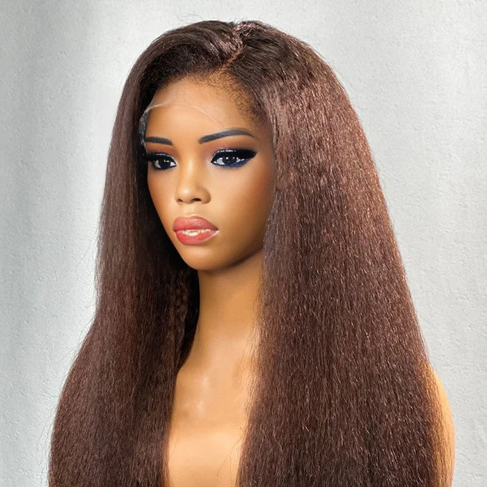 #4 Chocolate Brown 4C Edges Hairline Kinky Straight Wig Glueless Human Hair Wigs Super Realistic Natural 6 #4 Chocolate Brown 4C Edges Hairline Kinky Straight Wig Glueless Human Hair Wigs Super Realistic Natural - Image 4