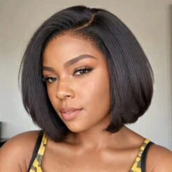 Glueless Kinky Edges Hairline Short Bob Wig Silky Straight 8×5 Pre-bleached Knots Natural Scalp 220% Density