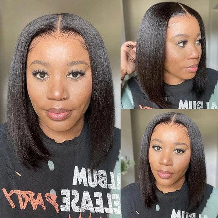 Bleached Knots Kinky Straight Hair Bob Wig Pre-cut Hd Lace Wear Go Glueless Human Hair Wigs 6 Bleached Knots Kinky Straight Hair Bob Wig Pre-cut Hd Lace Wear Go Glueless Human Hair Wigs - Image 4