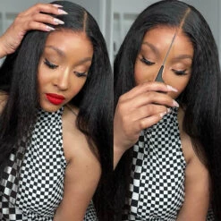 Kinky Straight 5x5 Invisible HD Lace Glueless Wig Pre-Plucked Natural Hairline With Bleached Invisible Knots -Ethereal Hair Shop 700 kinky straight lace wig 11