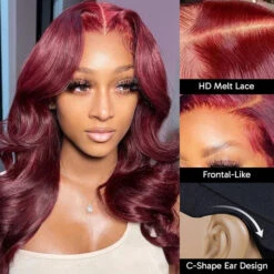 C-Shape Ear Design Body Wave Wig 99J Burgundy Color Glueless 8x5 HD Lace Wigs With Pre-Plucked Hairline -Ethereal Hair Shop 700 ready go bob wig 48 970ec09b b4c2 4db5 adf1 21eace52d074