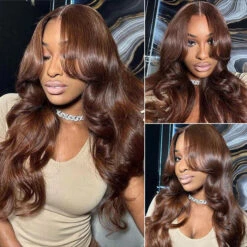 Chocolate Brown #4 Curtain Bangs 13x4 HD Lace Front Body Wave Glueless Human Hair Wigs -Ethereal Hair Shop 700 with curtain bangs body wave wigs 11