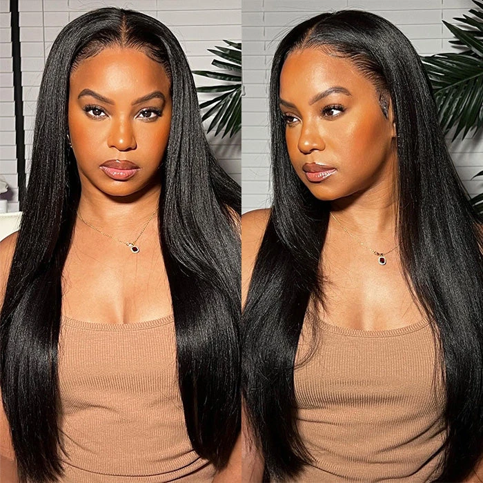 Glueless Yaki Straight Wig 8x5 Pre-Cut Lace Closure Human Hair Wigs With Pre Plucked Hairline 3 Glueless Yaki Straight Wig 8x5 Pre-Cut Lace Closure Human Hair Wigs With Pre Plucked Hairline