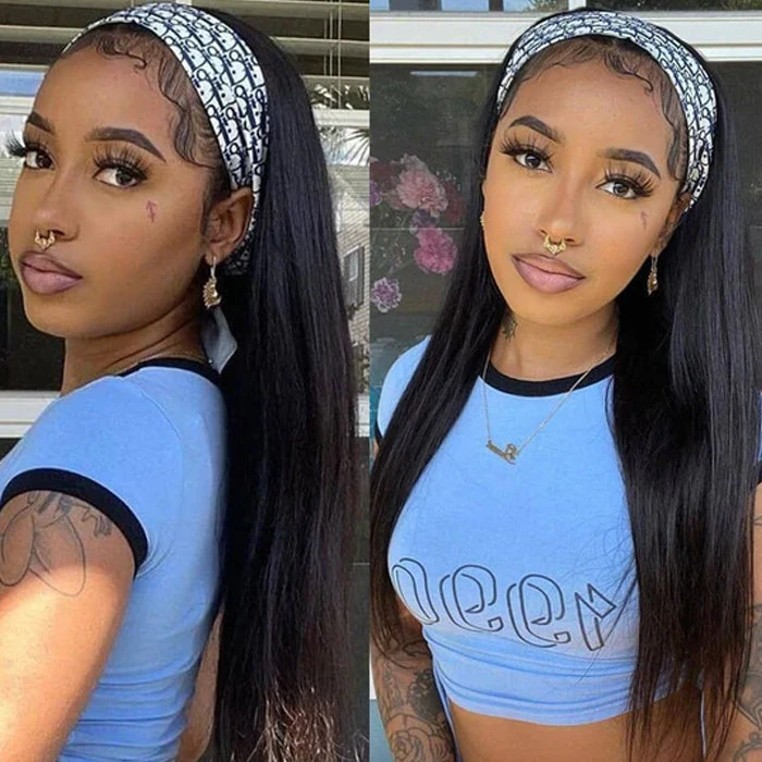 Headband Wig Straight Human Hair No Gel No Glue Silk Scarf Wigs 3 Headband Wig Straight Human Hair No Gel No Glue Silk Scarf Wigs - Image 2