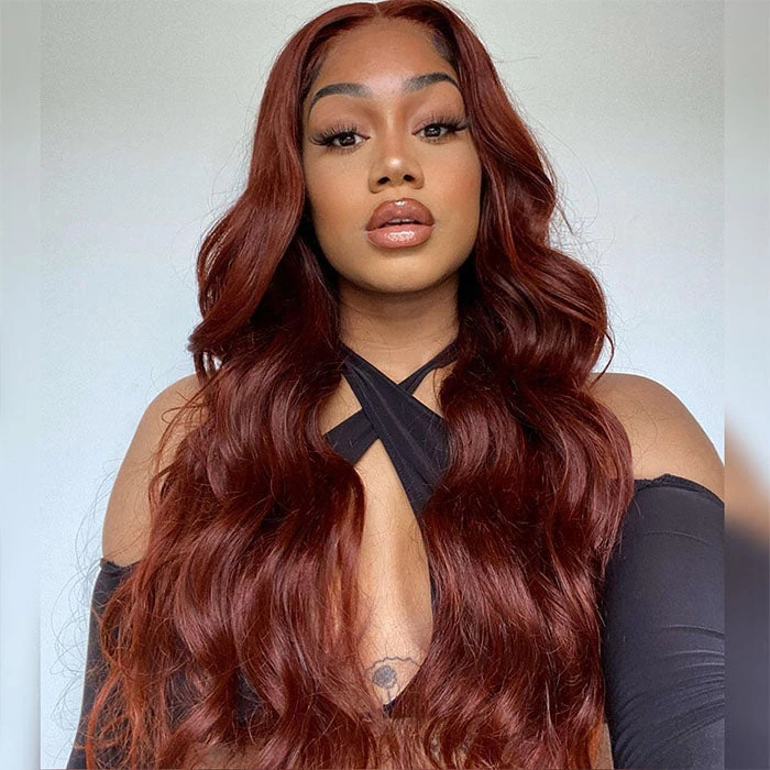 Reddish Brown 5x5/13x4 HD Lace Wig #33 Auburn Colored Deep Wave Lace Front Human Hair Wigs For Women 6 Reddish Brown 5x5/13x4 HD Lace Wig #33 Auburn Colored Deep Wave Lace Front Human Hair Wigs For Women - Image 4