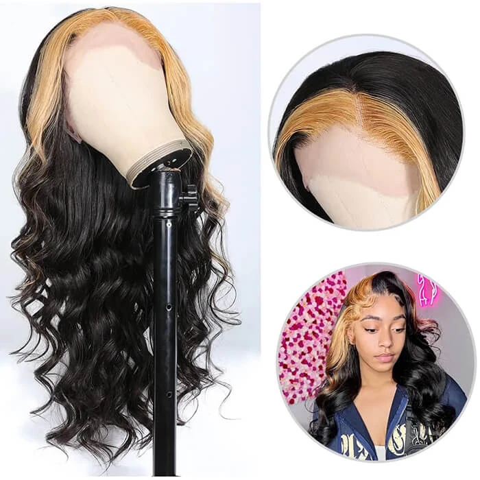 Skunk Stripe Wig With Honey Blonde Highlights Body Wave 13*4 Human Hair Lace Frontal Wig 11 Skunk Stripe Wig With Honey Blonde Highlights Body Wave 13*4 Human Hair Lace Frontal Wig - Image 9