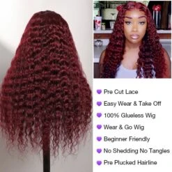 #99J Burgundy Wig Deep Wave Glueless Ready & Go Pre Cut Lace Closure Wig With Natural Hairline -Ethereal Hair Shop 99J 15