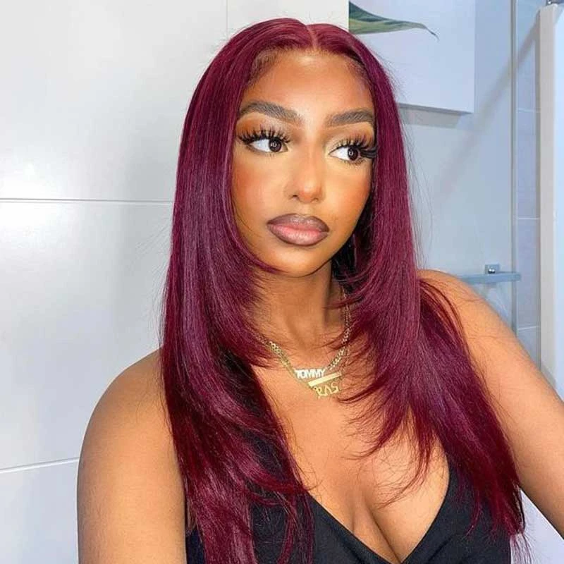 #99J Burgundy Layered Cut Straight Wigs 13x4 HD Lace Frontal Human Hair Wigs 5 #99J Burgundy Layered Cut Straight Wigs 13x4 HD Lace Frontal Human Hair Wigs - Image 3