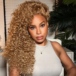 Blonde Curly Wig #27 Color Preplucked 13x4 Frontal HD Lace Wig 100% Human Hair For Women -Ethereal Hair Shop AlwaysAmeera jerry curly lace frontal wig 4