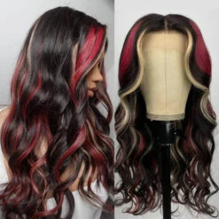 Multi Color Red And Blonde Highlights 13x4 Lace Front Body Wave Wig -Ethereal Hair Shop Black with Red Blonde Highlights 13x4 Lace Front Human Hair Wigs 1