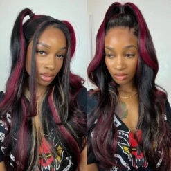 Multi Color Red And Blonde Highlights 13x4 Lace Front Body Wave Wig -Ethereal Hair Shop Black with Red Blonde Highlights 13x4 Lace Front Human Hair Wigs 2