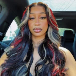 Multi Color Red And Blonde Highlights 13x4 Lace Front Body Wave Wig -Ethereal Hair Shop Black with Red Blonde Highlights 13x4 Lace Front Human Hair Wigs 4