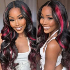 Multi Color Red And Blonde Highlights 13x4 Lace Front Body Wave Wig -Ethereal Hair Shop Black with Red Blonde Highlights 13x4 Lace Front Human Hair Wigs 5