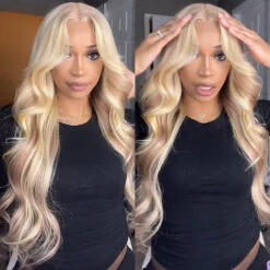 Blonde Highlight Curtain Bangs Body Wave Wigs 13x6 HD Lace Frontal Layered Human Hair Wigs -Ethereal Hair Shop Blonde Highlight Layered wigs 2