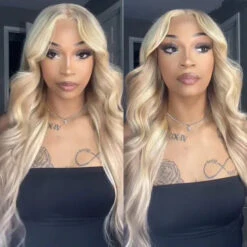 Blonde Highlight Curtain Bangs Body Wave Wigs 13x6 HD Lace Frontal Layered Human Hair Wigs -Ethereal Hair Shop Blonde Highlight Layered wigs