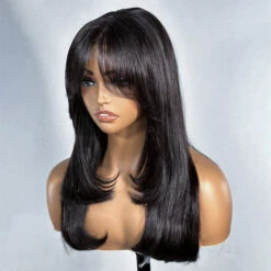 Layered Straight Curtain Bang Wig Ready Go Glueless 13x4 Lace Wig With Pre Bleached& Pre Cut 15 Layered Straight Curtain Bang Wig Ready Go Glueless 13x4 Lace Wig With Pre Bleached& Pre Cut -Ethereal Hair Shop Curtain Bangs Wigs 1 4