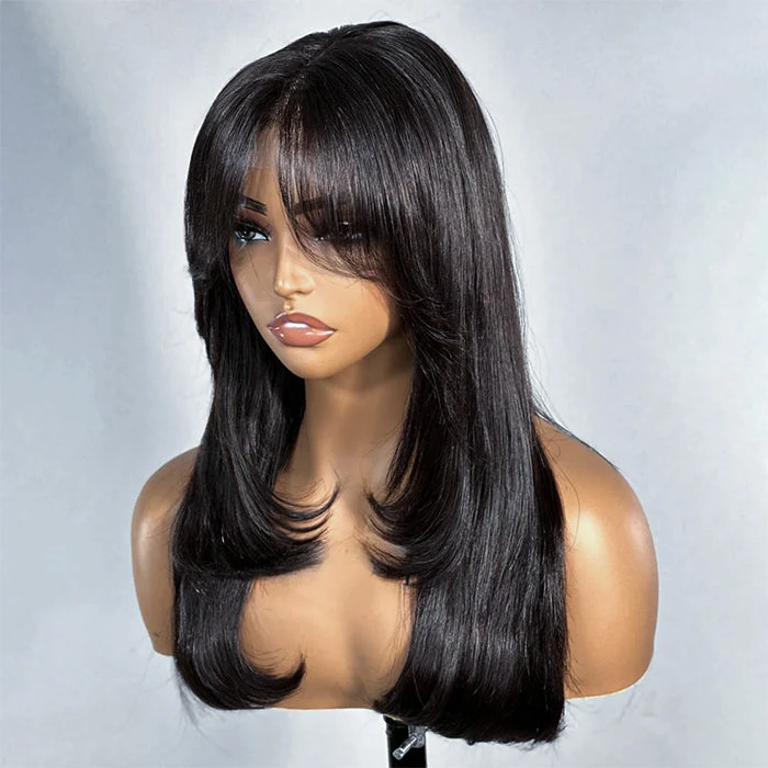 Layered Straight Curtain Bang Wig Ready Go Glueless 13x4 Lace Wig With Pre Bleached& Pre Cut 5 Layered Straight Curtain Bang Wig Ready Go Glueless 13x4 Lace Wig With Pre Bleached& Pre Cut - Image 3