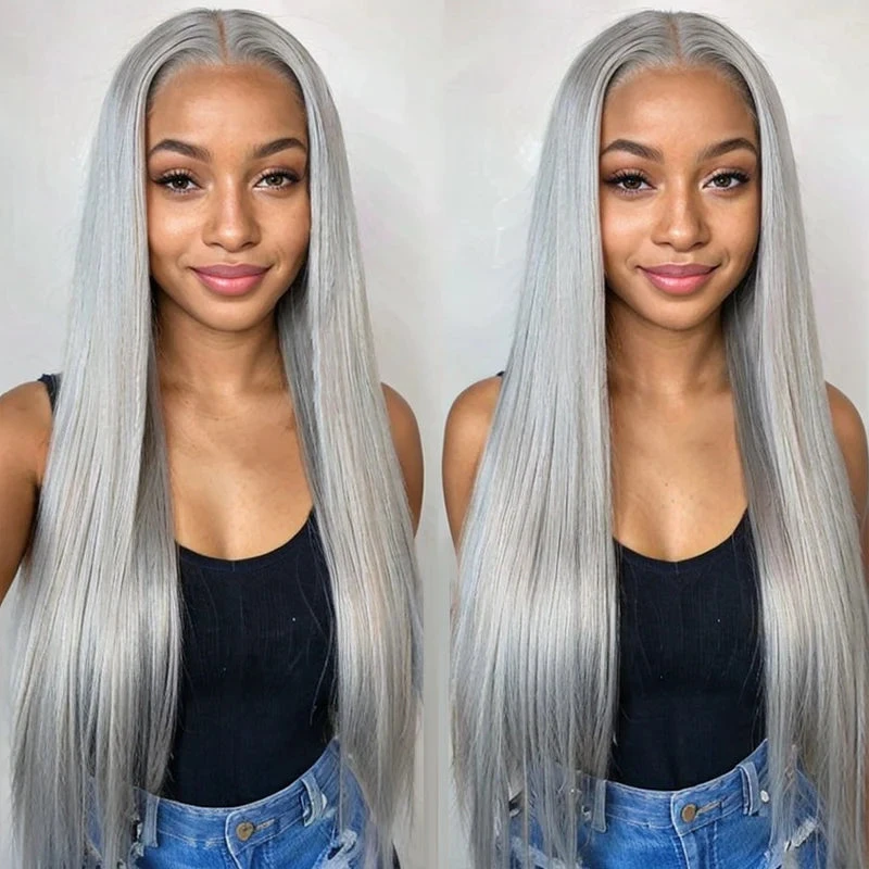 Sliver Gray Color Silky Straight 13x6/5*5 Lace Front Pre Plucked Human Hair Wigs For Women 4 Sliver Gray Color Silky Straight 13x6/5*5 Lace Front Pre Plucked Human Hair Wigs For Women - Image 2