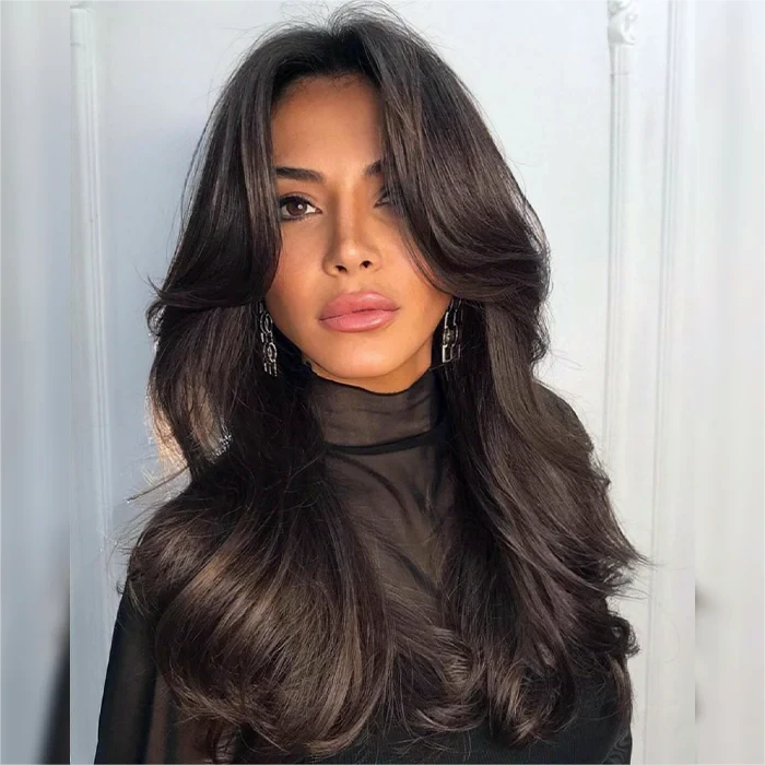 Layered Straight Curtain Bang Wig Ready Go Glueless 13x4 Lace Wig With Pre Bleached& Pre Cut 11 Layered Straight Curtain Bang Wig Ready Go Glueless 13x4 Lace Wig With Pre Bleached& Pre Cut - Image 9