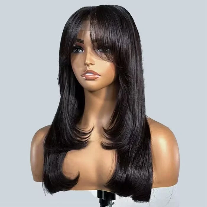 Layered Straight Curtain Bang Wig Ready Go Glueless 13x4 Lace Wig With Pre Bleached& Pre Cut 4 Layered Straight Curtain Bang Wig Ready Go Glueless 13x4 Lace Wig With Pre Bleached& Pre Cut - Image 2