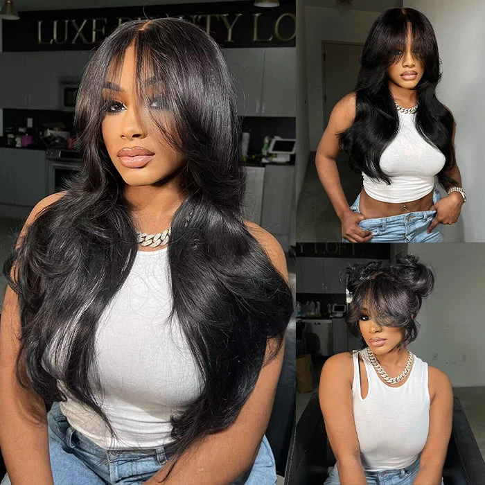 Layered Straight Curtain Bang Wig Ready Go Glueless 13x4 Lace Wig With Pre Bleached& Pre Cut 8 Layered Straight Curtain Bang Wig Ready Go Glueless 13x4 Lace Wig With Pre Bleached& Pre Cut - Image 6